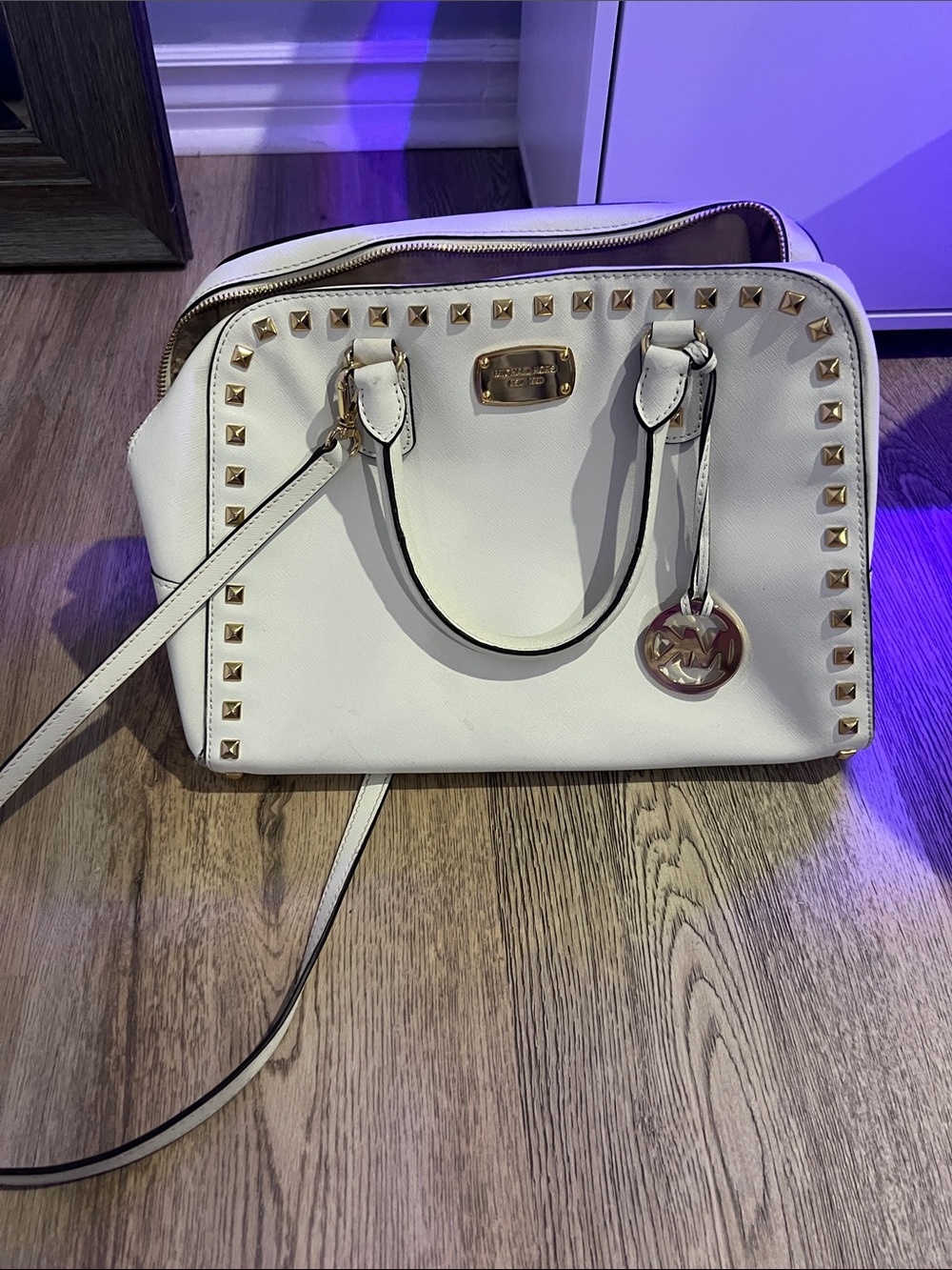 Michael Kors White Satchel with Gold Studs